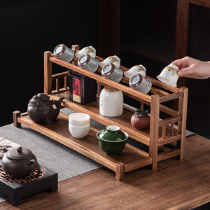 Walnut Wood Display Shelf Square <b>Teacup</b> Holder Chinese Style Tea Set Storage Rack Small Desktop Organizer - Product Image 4