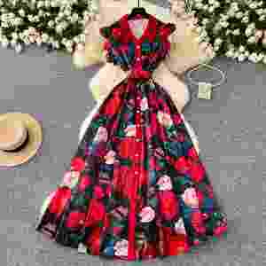 Elegante Vestido Midi Casual con Cuello Camisero para Mujer, Manga Mariposa, Estampado de Encaje, Amarillo - Product Image 3