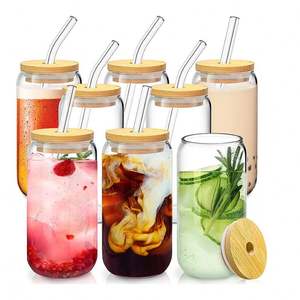 Gobelet à vin en verre borosilicate transparent moderne et durable avec couvercle en bambou et paille simple - Product Image 2