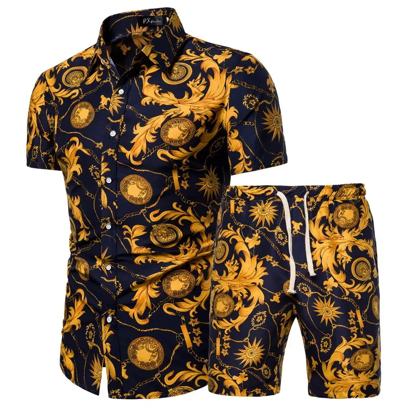 Custom design woven rayon Chinese style printed mens beach hawaiian shirts and shorts set