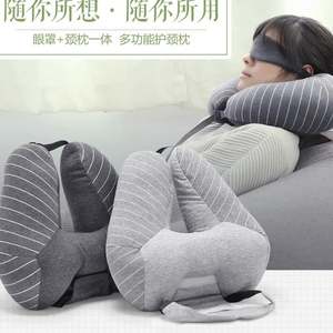 Oreiller en forme de U gris foncé rayé 100% coton avec particules de mousse de qualité alimentaire, soutien du cou pour le sommeil, boucle réglable - Product Image 4