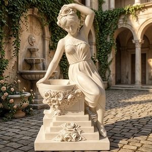 รูปปั้นหญิงสาวนั่งข้างอ่างหินอ่อนสีขาวแกะสลักด้วยมือ - งานประติมากรรมรูปคนประดับดอกกุหลาบสไตล์นีโอคลาสสิกสั่งทำพิเศษ - Product Image 1