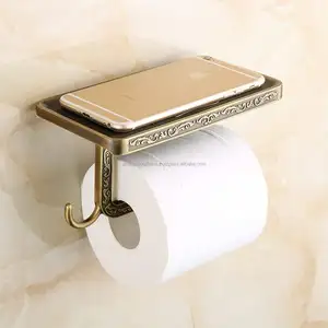 Vintage Stijl Aan De Muur Gemonteerde Telefoonstandaard Toiletpapierhouder Met Antieke Gouden Afwerking Met Reliëf Rand Ontwerp Badkamerschotel