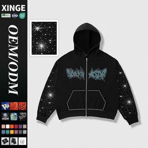 Sudadera con capucha de alta calidad con pedrería para hombre, estilo urbano, personalizada, extragrande, con estampado gráfico de pedrería, con cremallera y efecto lavado - Product Image 1