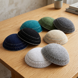 Kippa/Yamulka tricotée à la main en coton 100% de 20 cm, grande taille, pour hommes et enfants, haute qualité, bleu marine et argent, bonnet au crochet personnalisé - Product Image 1
