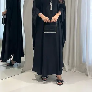 Plus Size Lente Elegante Effen Kleur Batwing Mouw Kaftan Eid Ramadan Jurk Moslim Vrouwen Losse Abaya Dubai Satijnen Feestjurk