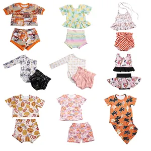 Atacado roupas infantis 0-16 anos primavera verão tecido macio desenho personalizado conjuntos de roupas de duas peças para meninas
