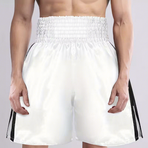 Shorts de boxe en satin blanc pour hommes, taille mi-haute, élastiques, séchage rapide, motif moucheté, PROFIT SPORTS, vente en gros, personnalisables - Product Image 1