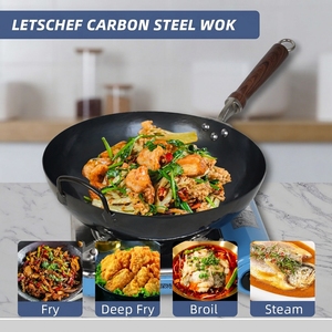 Juego de Wok Comercial de Acero al Carbono con Mango de Madera Desmontable, Tapa de Madera y Espátula para Uso en Restaurantes y Hoteles - Product Image 5