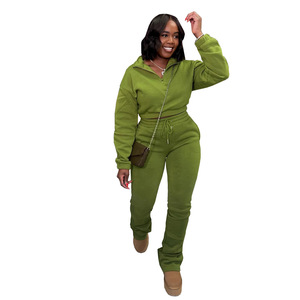Autumn Winter Sports Two Piece <b>Set</b> Zipper Waist Velvet Oodie <b>Tie</b> Rope Pants Long Casual Style Pleated Knitting Ankle - Product Image 3