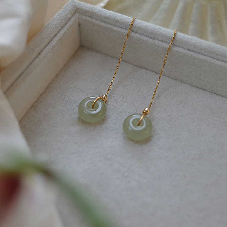 Orecchini Pendenti In Argento S925 Con Giada Naturale A Forma Di Ventaglio - Intaglio Manuale, Stile Cinese - 2