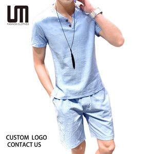 Liu Ming yeni kore moda bahar yaz erkekler rahat düz renk takım elbise pamuk keten 2 parça kısa kollu T Shirt şort takımı - Product Image 1