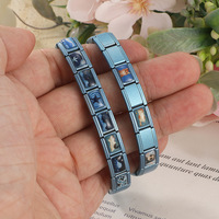 Accessoires de bracelet DIY tendance en acier inoxydable italien bleu avec motif de chat de dessin animé et paysage ciel étoilé, crochet de couture