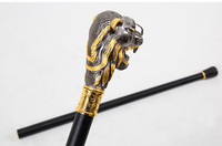 Canne de marche vintage en métal noir et or avec poignée en forme de lion britannique, antidérapante, pour droitier