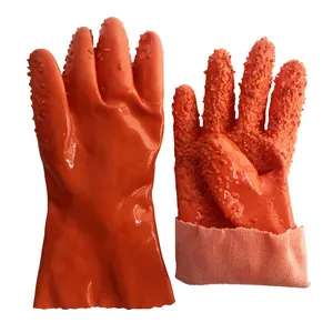 27厘米防水防滑聚氯乙烯浸渍手套定制标志耐油耐化学腐蚀橙色聚氯乙烯手套