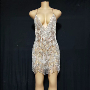 Vestido <span class=keywords><strong>de</strong></span> Noche <span class=keywords><strong>de</strong></span> Lujo para Mujer, Estilo A-Line con Cintura Impero, Escote en V Profundo, Adornado con Pedrería y Flecos, Ideal para Fiestas y Discotecas, Colección <span class=keywords><strong>2022</strong></span> - Product Image 4