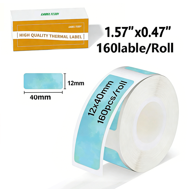 TEDDY Blue Sky 40x12mm 1.57x0.47inch 160 Labels/Roll Adhesive  Direct Thermal Labels for Smart Printer