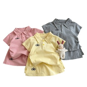 Tongxingyuan Girls Summer Set Polo <b>Top</b> Skirt Cotton Two Piece Outfit Solid Color Letters Thin Fabric - Product Image 5