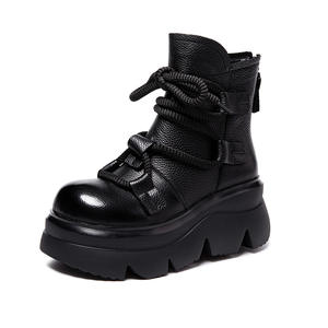 <span class=keywords><strong>Botas</strong></span> Chelsea para Mujer, Otoño Invierno, Nuevas, Retro, Punta Redonda, Media Pantorrilla, Cortas, con Cordones, Aumentan la Estatura, Cuero Genuino, Forro de Algodón, Suela de Goma - Product Image 5