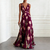 Robe longue d'été élégante et décontractée pour femme, col en V profond, imprimé floral tulipe, sans manches, taille haute, coupe trapèze, longueur ras du sol