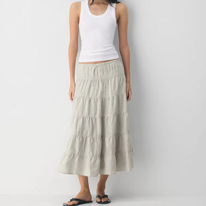 Jupe midi à volants en lin kaki clair avec cordon de serrage, style décontracté d'été - Product Image 1