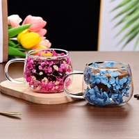 Mug à café en verre borosilicate à double paroi avec fleurs séchées, style nordique, motif floral, résistant à la chaleur, passe au lave-vaisselle, unisexe, transparent