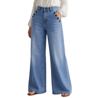 Jeans de Mujer de Talle Alto y Pierna Ancha en Mezclilla Azul Claro Vintage, Ecológicos, Lavados, con Bolsillos Decorativos con Botones, Tendencia 2026