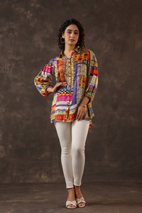 Buy Multicolor <b>Patchwork</b> Print Button Front Tunic <b>Shirt</b> Relaxed Fit Balloon Sleeve Designer Fashion Dress - Product Image 2