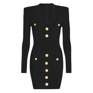 Primavera e autunno nuova striscia tinta unita con scollo a V in <span class=keywords><strong>oro</strong></span> con bottone manica lunga dimagrante <span class=keywords><strong>abito</strong></span> da <span class=keywords><strong>donna</strong></span> Casual pendolare - Product Image 2