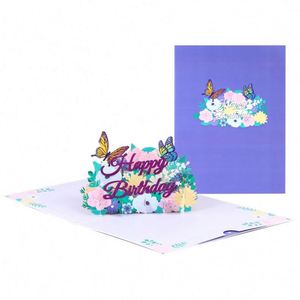 Carte de vœux 3D pop-up avec fleurs et papillons en papier découpés au laser pour anniversaire - Product Image 1