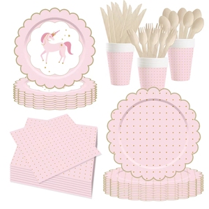Fournitures de fête sur le thème de la licorne rose Damai pour filles, vente en gros, assiettes à dîner, kit de fête d'anniversaire, assiettes en papier, gobelets et serviettes - Product Image 1
