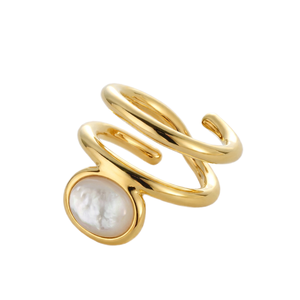 Bague en laiton plaqué or 18 carats avec cœur en nacre naturelle blanche, motif ajouré multicouche, bijou de fiançailles unisexe tendance - Product Image 1
