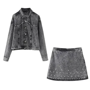 KAOPU ZA Women with studs denim jacket and faded-effect high-waist skirt two pieces sets mujer