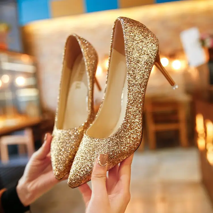 Women Glitter Sapatos Prateados E Pretos De Salto Alto Shiny Bridal High Heels Shoes