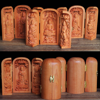 Statue bouddhiste et taoïste sculptée à la main, mini-autel de voyage, sanctuaire de poche en bois pour la bénédiction à domicile, cadeau