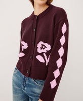 Kardigan Rajut Jacquard Bunga Wanita Kerah Bulat Kancing Depan Lengan Panjang Longgar Pola Bunga Jaket Rajut Kasual Retro Lembut