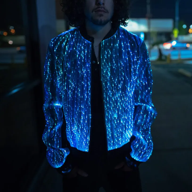 Custom Outdoor Bombers Led Jacket Coat For Men 2023 Polyester Viscose Spandex Designer Logo Led Light Up Led Baseball Jackets