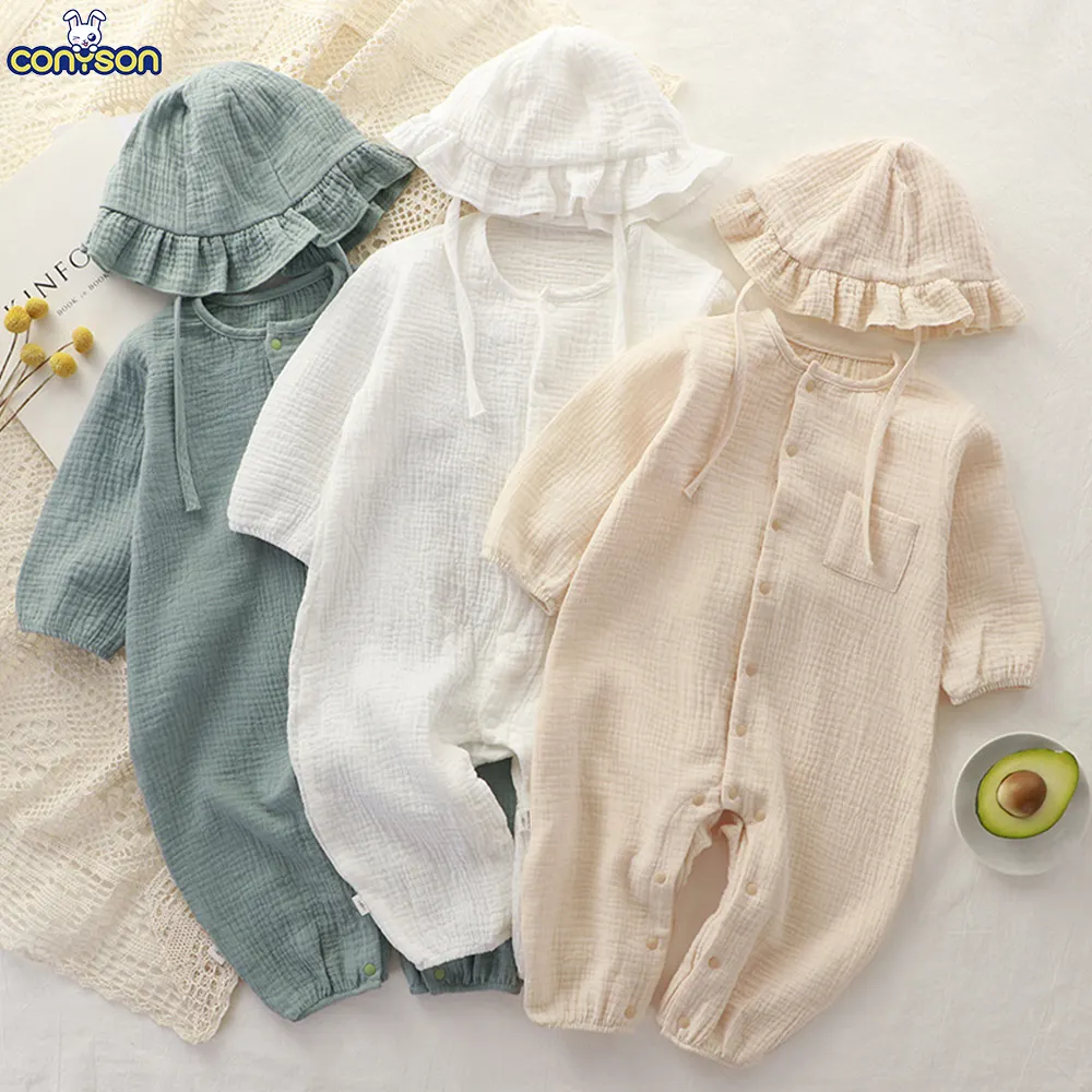 Conyson Baby Jumpsuit Hat Long Sleeve 100% Cotton Toddler Romper for Boys Girls Solid Color Spring Autumn NewbornJumpsuits