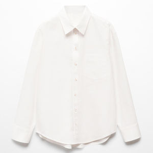 เสื้อเชิ้ตผ้าฝ้ายสีขาวเรียบง่ายสำหรับผู้หญิง แขนยาว ติดกระดุม มีกระเป๋า ปกคอเสื้อพับได้ สไตล์ลำลอง - Product Image 5