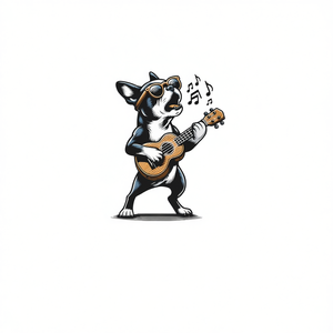 Camiseta premium con estampado de perro Boston Terrier tocando la guitarra y cantando, colección de pinturas de animales - Product Image 2