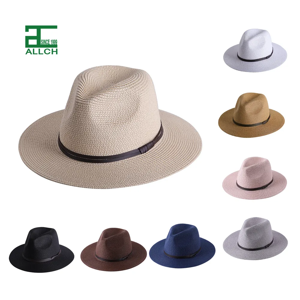 ALLCH RTS Summer Women Straw Wide Brim Custom Color Plain Women Paper Straw band Beach Panama Fedora Hat