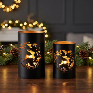 Porte-bougie cylindrique en fer noir avec motif de renne découpé pour la décoration de Noël à la maison, résistant à l'eau et à la chaleur - Product Image 2