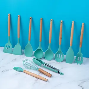 Acessórios de cozinha personalizados, conjunto de 7 peças de ferramenta de cozinhar, utensílios de cozinha de silicone com alça de madeira