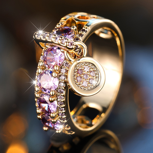 Bague en zircone cubique synthétique violette et transparente de style bohème <span class=keywords><strong>ANGOL</strong></span> pour femme, design ondulé doré, pour fiançailles et mariage - Product Image 1