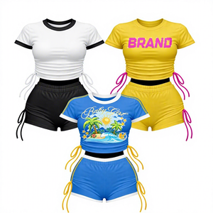 ชุดเซ็ตสตรีทแวร์ผู้หญิงขายส่ง สไตล์ Y2K ลายกราฟิกพิมพ์ลายสวยงาม เสื้อครอปท็อป กางเกงขาสั้นสองชิ้น MOQ ต่ำ รับผลิตแบรนด์ส่วนตัว ชุดแทรคสูท - Product Image 1
