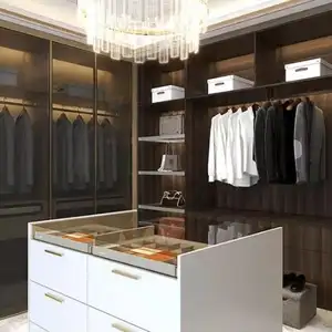 Andar de luxo no armário personalizado guarda-roupa com prateleiras abertas da ilha com porta de vidro e design led preço de desconto