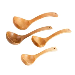 4 Size Natural Wooden Soup Spoon Hemu Wood Spoon with Long Handle and Hook Kitchen Dinnerware Cooking Eating Tools Large