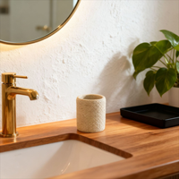Ensemble d'accessoires de salle de bain en résine texturée beige mat de haute qualité, 3 pièces, avec distributeur de savon, gobelet et plateau organisateur