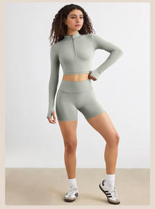 MQT4806 + MQS4523女性用プラスサイズサマーランニングスポーツショーツジムフィットネスジッパージャケットヨガ2ピースセット - Product Image 6