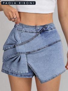 Jupe Courte en Jean Droite Taille Haute Sexy pour Femme, Respirante, Délavée et Froncée, Idéale pour l'Été et le Style Quotidien Streetwear – Vente en Gros - Product Image 1